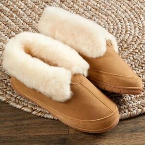 The Vermont Country Store Australian Shearling Cuffed Bootie Slippers, Size 10